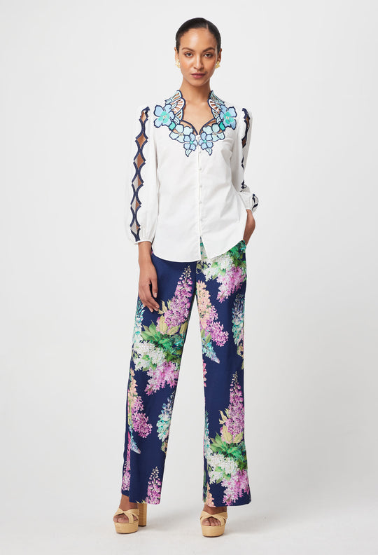 Cristina Placement Embroidered Cotton Blouse - Ivory Bay