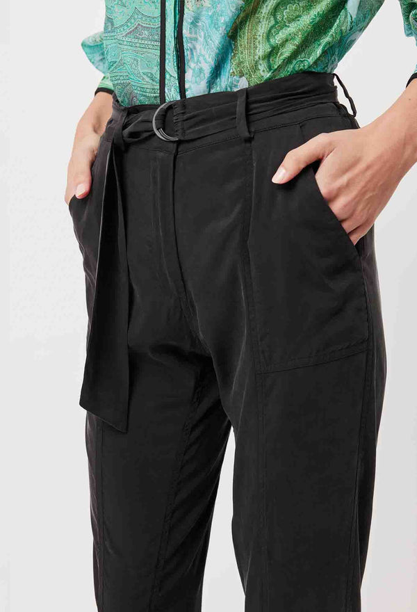 Transit Stretch Cupro Hi Waist Rolled Cuff Pant  - Black