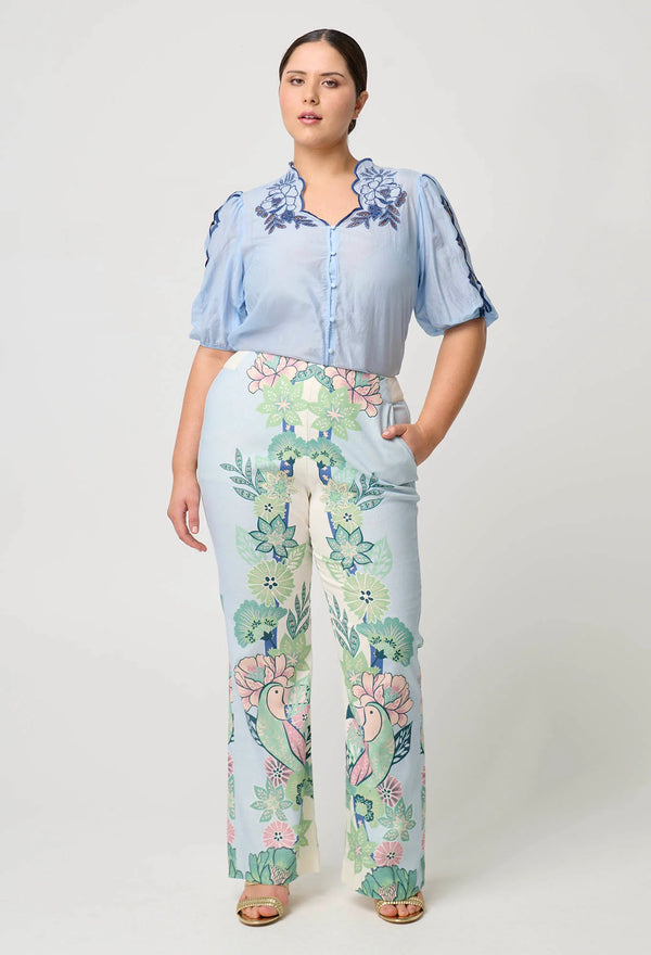 Martinique Cotton Silk Embroidered Top - Sky