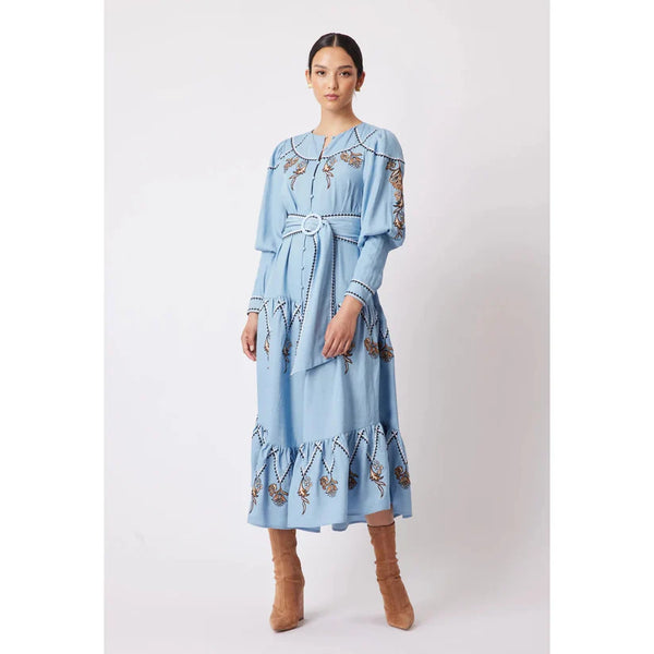 Getty Placement Embroidered Tencel Pleat Sleeve Maxi Dress - Chambray