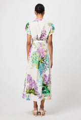 Cristina Linen Embroidered Yoke Dress, Flutter Sleeve - Wisteria Alba