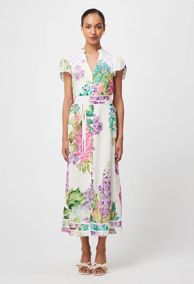 Cristina Linen Embroidered Yoke Dress, Flutter Sleeve - Wisteria Alba