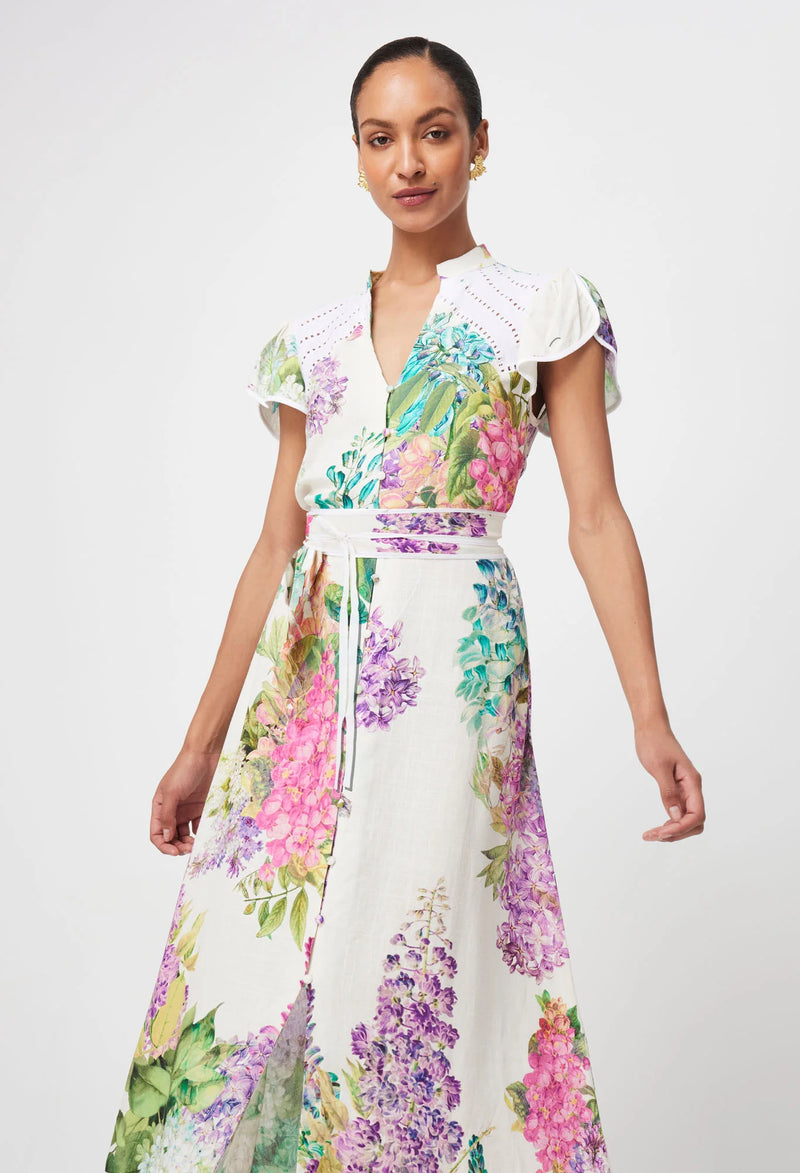 Cristina Linen Embroidered Yoke Dress, Flutter Sleeve - Wisteria Alba