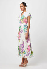 Cristina Linen Embroidered Yoke Dress, Flutter Sleeve - Wisteria Alba