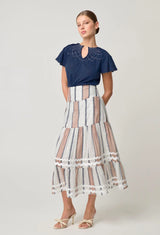 Bahia Linen Viscose Shirred Back Waist Tiered Skirt - Cayman Stripe