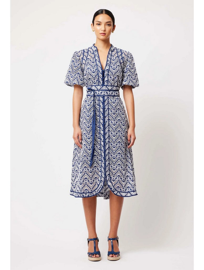 DELPHINE EMBROIDERED COTTON DRESS - NAVY/WHITE EMBROIDERY