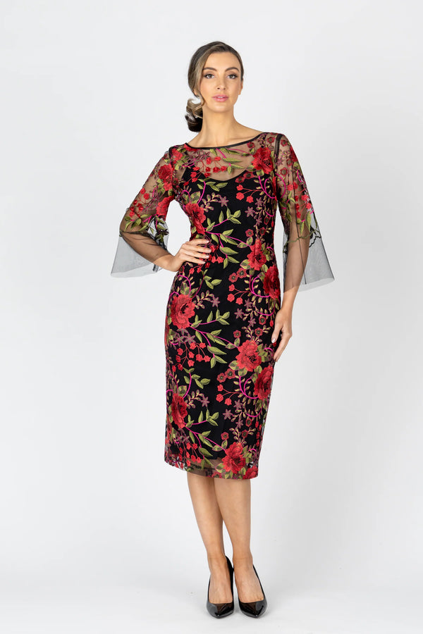 Rube Rose Bell Sleeve Midi Dress -  Black/Red/Pink