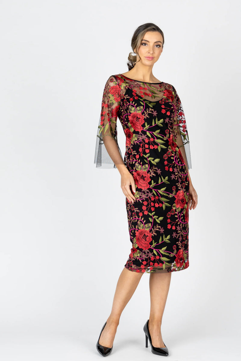red and black cocktail dress with sleeves Short Sleeve Printed A Line Dress Black Red