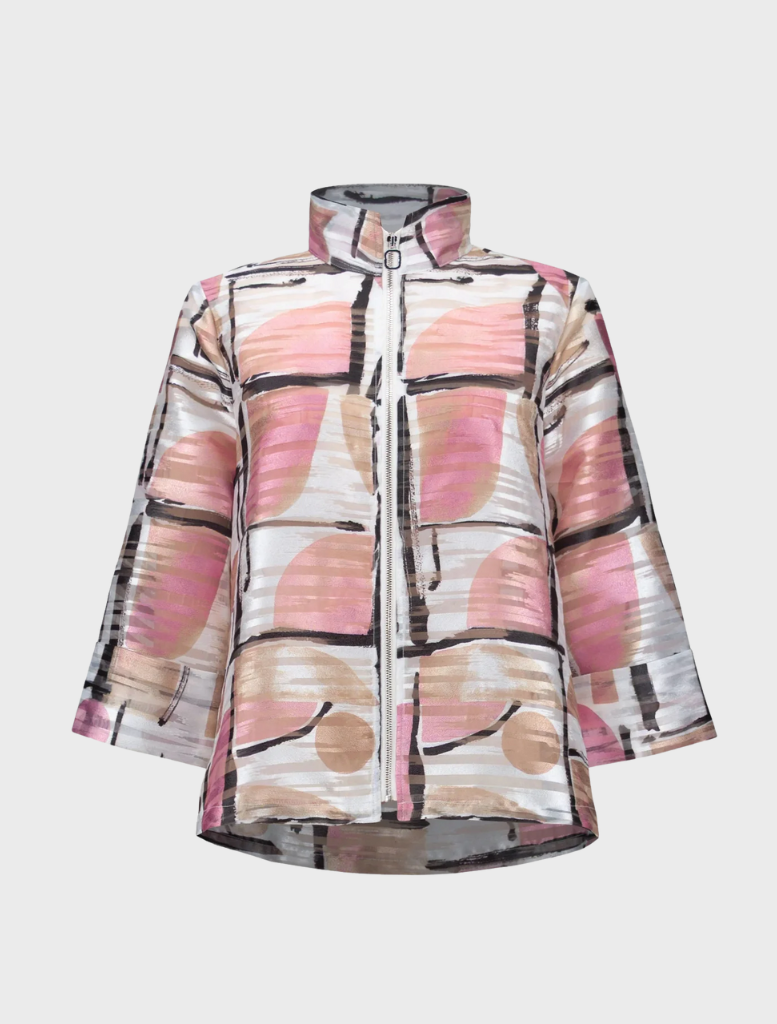 A multi-colored organza jacket featuring a pink and white abstract print design.