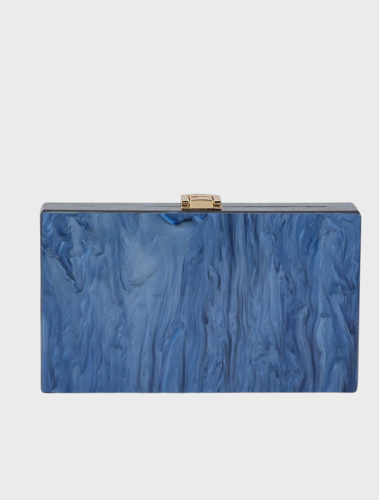 A trendy blue and white purse adorned with a chain strap, combining elegance and practicality.