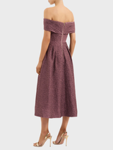 Stylish off-the-shoulder midi dress in moonlight mauve, featuring a fitted bodice and a soft, flowing skirt for elegance.
