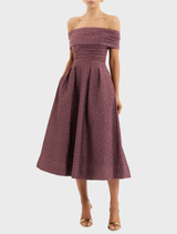 Elegant moonlight mauve midi dress with off-the-shoulder design, showcasing a fitted silhouette and a flowing skirt.