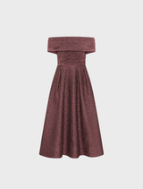 Off-the-shoulder midi dress in moonlight mauve, featuring a fitted bodice and flowing skirt, perfect for elegant occasion