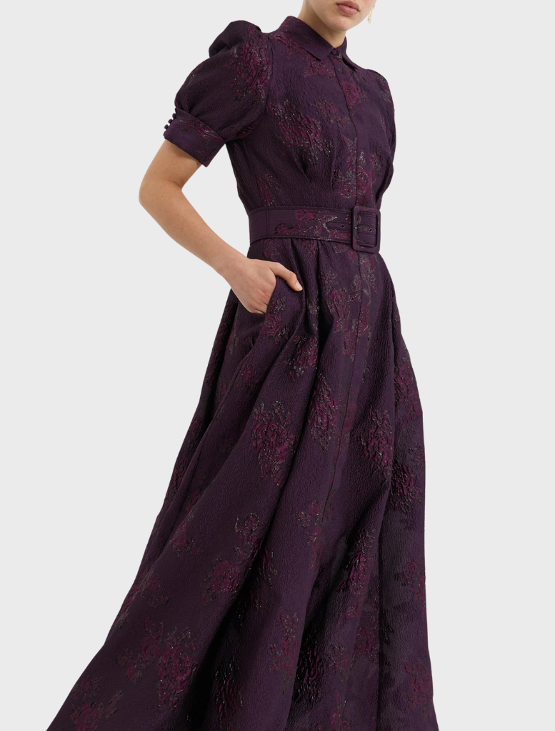 Elegant Afina short sleeve gown in rich blackberry hue, designed for a sophisticated and stylish look at events.