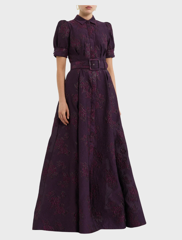 Elegant Afina short sleeve gown in rich blackberry hue, designed for comfort and style at special events.