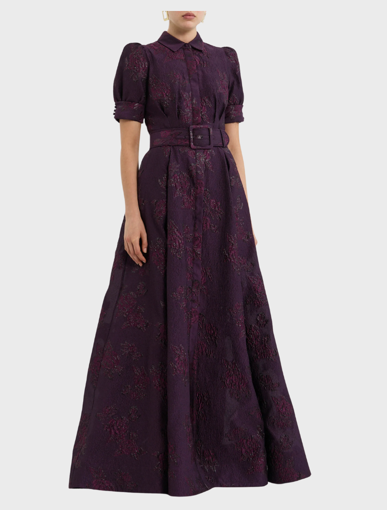 Elegant Afina short sleeve gown in rich blackberry hue, designed for comfort and style at special events.