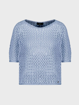 Elegant boat neck pullover in blue sky with ajour rib details, perfect for adding a touch of sophistication.