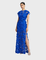 Alena Lace Maxi Dress in Lapis, designed with beautiful lace elements and a long, flowing cut for a sophisticated look.