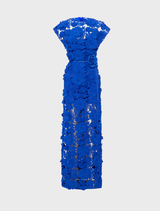 Elegant Alena Lace Maxi Dress in Lapis, showcasing delicate lace accents and a graceful, floor-length design.
