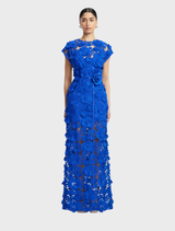 Alena Lace Maxi Dress in Lapis, featuring intricate lace detailing and a flowing silhouette, perfect for elegant occasions.