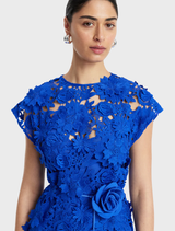 Alena Lace Maxi Dress in Lapis, featuring intricate lace detailing and a flowing silhouette, perfect for elegant occasions.
