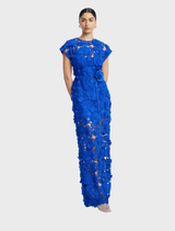 Elegant Alena Lace Maxi Dress in Lapis, showcasing delicate lace accents and a graceful, floor-length design.