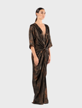 Stylish atomic print maxi dress with kimono sleeves, designed for comfort and a chic appearance.