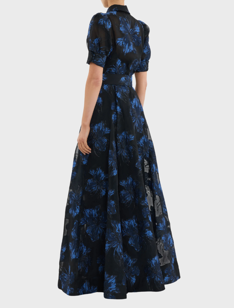 Floral dress in black and blue with short sleeves titled Alexandra Gown  Navy.
