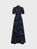 Black and blue floral dress with short sleeves, named Alexandra Gown in Navy.