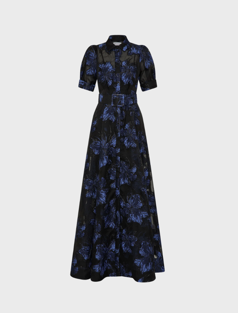 Black and blue floral dress with short sleeves, named Alexandra Gown in Navy.