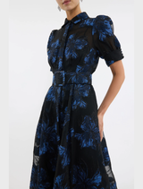 Short-sleeved floral dress in navy, black, and blue, called the Alexandra Gown.