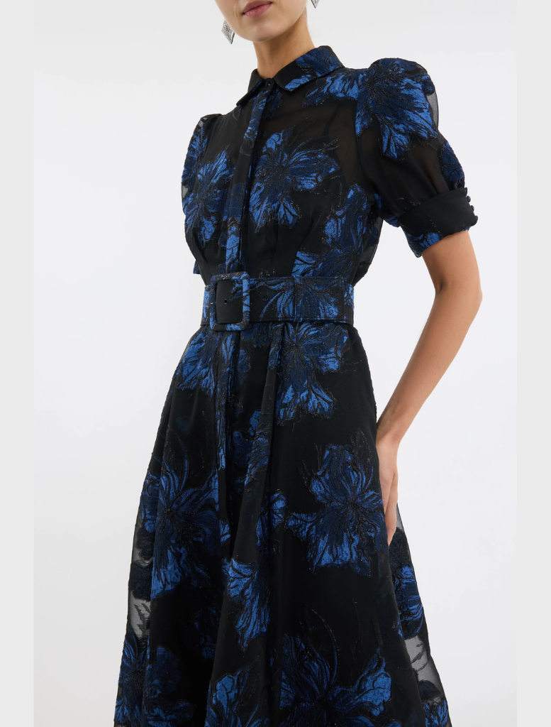 Short-sleeved floral dress in navy, black, and blue, called the Alexandra Gown.