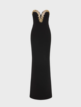 Elegant black Alexandrite gown with intricate detailing and a flowing silhouette, perfect for formal occasions.
