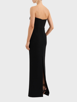 Chic black gown with Alexandrite accents, designed for a refined look at formal gatherings or special occasions.