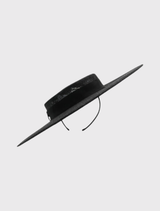 Elegant black boater hat with a structured shape and chic ribbon trim, perfect for formal occasions and race day fashion.