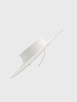 Sophisticated white racewear boater hat with structured design and chic headband, suitable for stylish events and races.