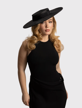 Black Alissa Racewear Boater hat with sleek ribbon trim and fitted headband, ideal for formal events and race days.