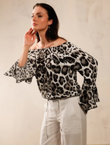 Elegant coffee-colored blouse with all-over leopard print, round neckline, and ⅞ trumpet sleeves for a modern style.
