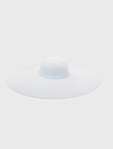 White Allegra Floppy Hat showcasing a wide 18cm brim, short crown, and ribbon trim, ideal for fashionable outdoor events.