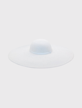 White Allegra Floppy Hat with an 18cm wide brim, ribbon trim, and short crown, perfect for stylish raceday attire.
