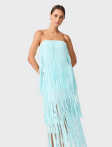 Elegant strapless dress in light blue, featuring fringes that add a playful touch to the design.