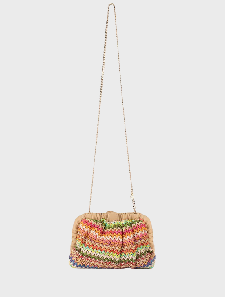 Multi-colored woven clutch bag, named Amalia Petite Gathered Clutch, showcasing a vibrant and textured design.