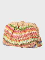 Amalia Petite Gathered Clutch, a multi-colored woven bag featuring intricate patterns and a stylish gathered design.