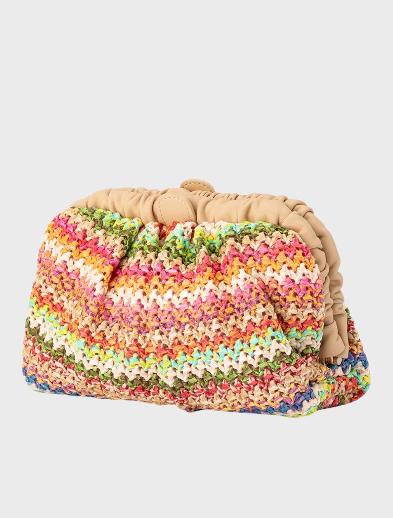 Amalia Petite Gathered Clutch, a multi-colored woven bag featuring intricate patterns and a stylish gathered design.