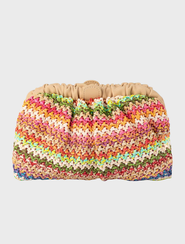 A multicolored knitted clutch bag, the Amalia Petite Gathered Clutch, showcasing vibrant hues and a stylish design.