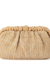 Pleated woven clutch bag made from natural straw, showcasing a stylish and eco-friendly design in a neutral tone.