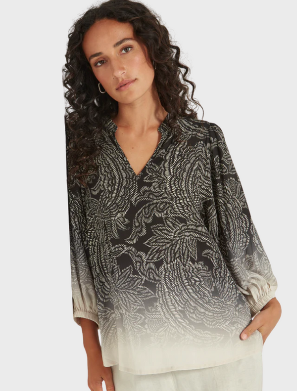 Black and white paisley print blouse featuring a classic design and elegant silhouette.