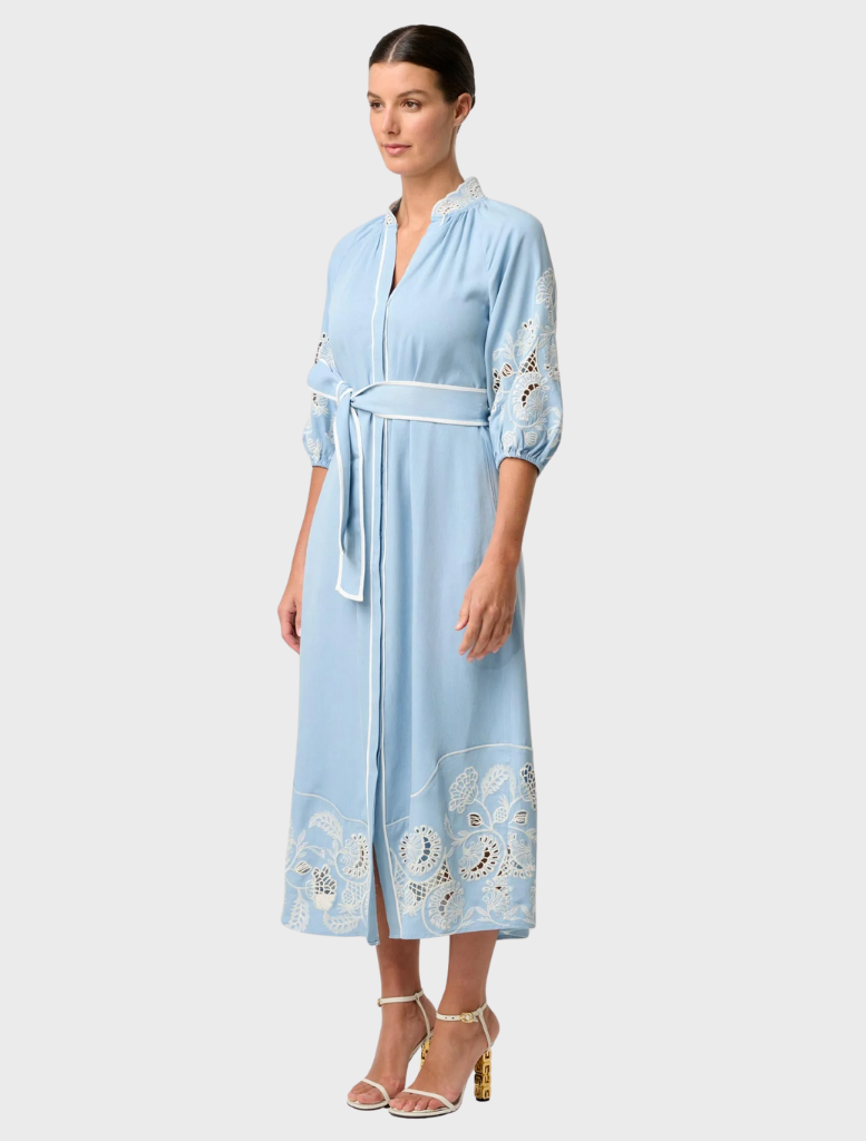 Amara Tencel maxi dress in blue haze, crafted from a cotton blend with elegant embroidery throughout the fabric.