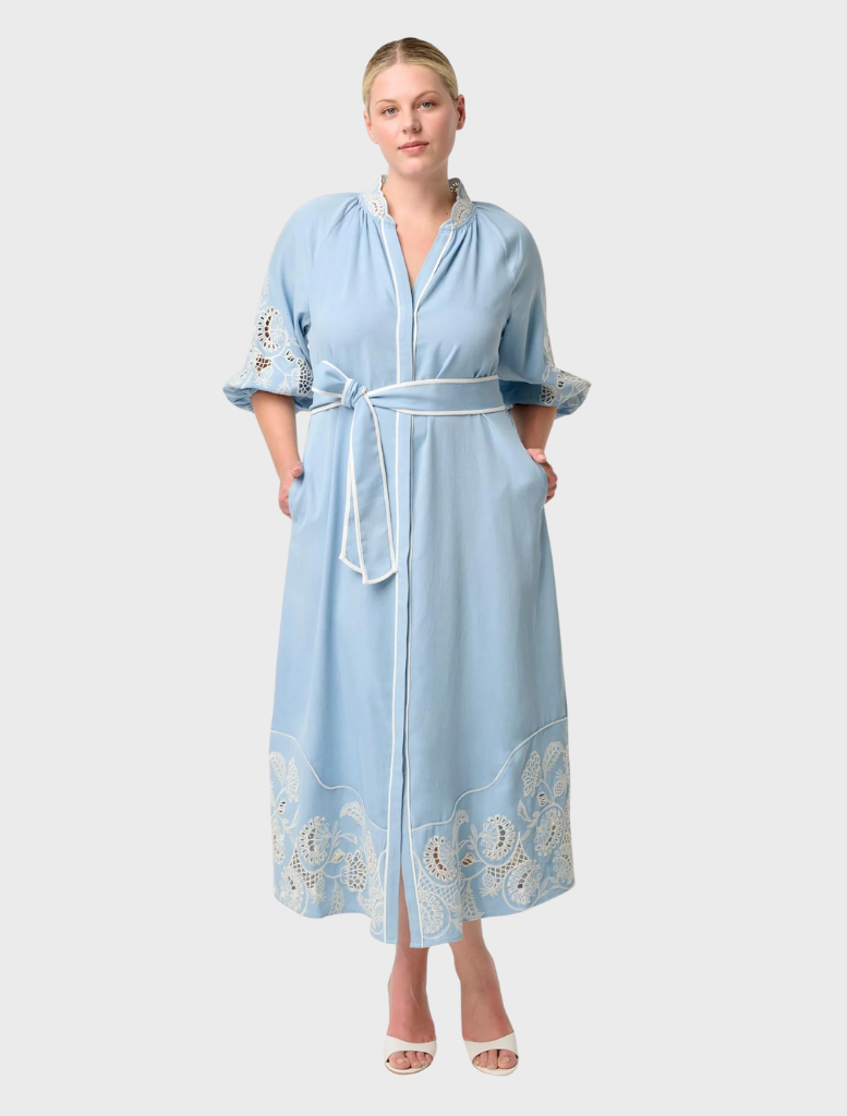 Blue cotton blend maxi dress with embroidered details, named Amara Tencel Embroidered Maxi Dress in Blue Haze.