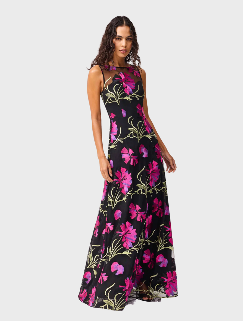 Elegant black gown adorned with pink floral patterns, showcasing a sophisticated and feminine design.